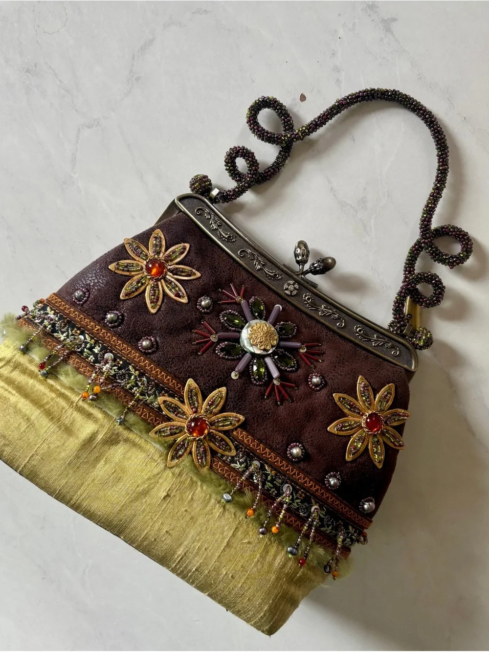 Vintage Mary Frances Brown & Green Beaded Kisslock Handbag
